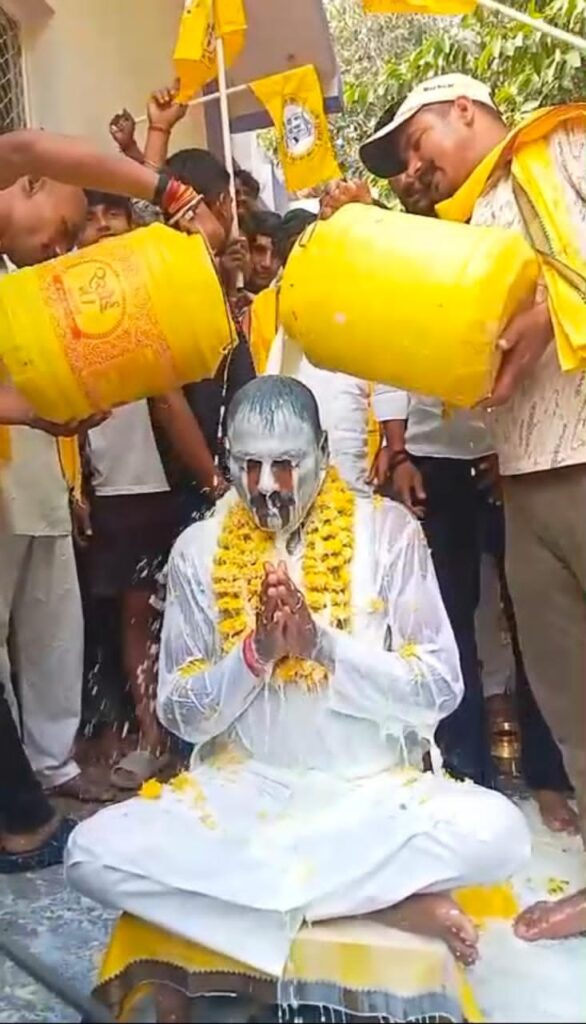 In Harnaut, the candidate was bathed in milk and then weighed with laddus. NewG India