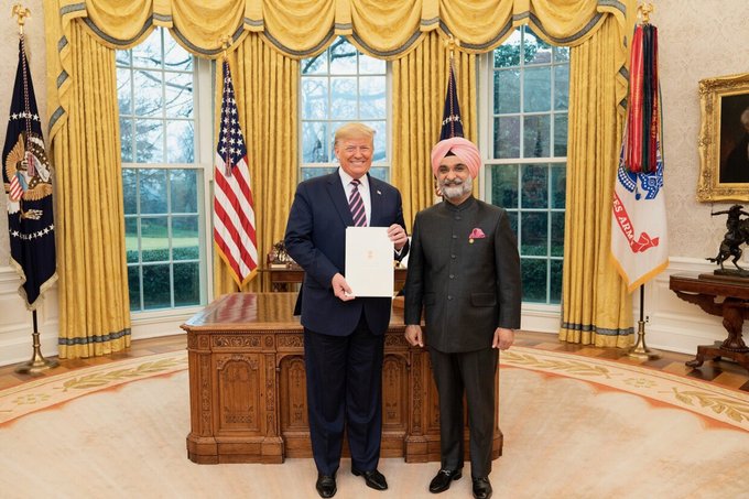 US President Donald Trump congratulates Delhi LG Taranjit Sandhu. NewG India