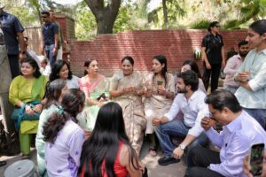 Chief Minister Rekha Gupta sips tea and discusses the Nari Shakti Vandan Act. NewG India