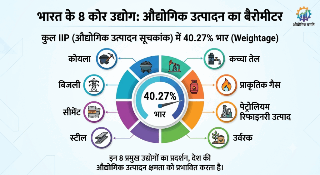 मई 2026 के लिए आठ कोर उद्योगों (ICI) का संयुक्त सूचकांक पिछले वर्ष की समान अवधि की तुलना में केवल 0.5% की मामूली वृद्धि के साथ दर्ज किया गया है। जहां एक ओर स्टील, सीमेंट और बिजली के क्षेत्र में सकारात्मक रुझान देखने को मिला, वहीं कोयला, कच्चा तेल और रिफाइनरी उत्पादों में गिरावट ने औद्योगिक विकास की गति को काफी धीमा कर दिया है।